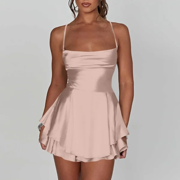 Ladies' Silk And Satin Elegant Sexy Slim Beautiful Backless Short Dress Cowl Neck Cross Spaghetti Strap Party Pleated Mini Skirt - Image 8