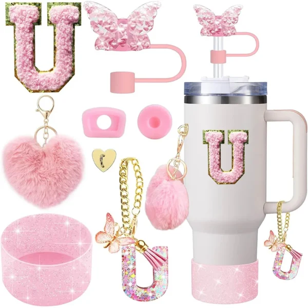 8pcs Cup Accessories for Stanley Cup 30oz 40oz Includes Butterfly Straw Cover Cap Silicone Boot  Handle Charm Initials Sticker - Image 26