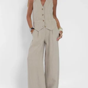 2025 Summer New Cotton Linen Women 2pcs Sets Solid Color Fashion Vest Tops And Long Trouser Patchwork Suit Casual Female Outfits