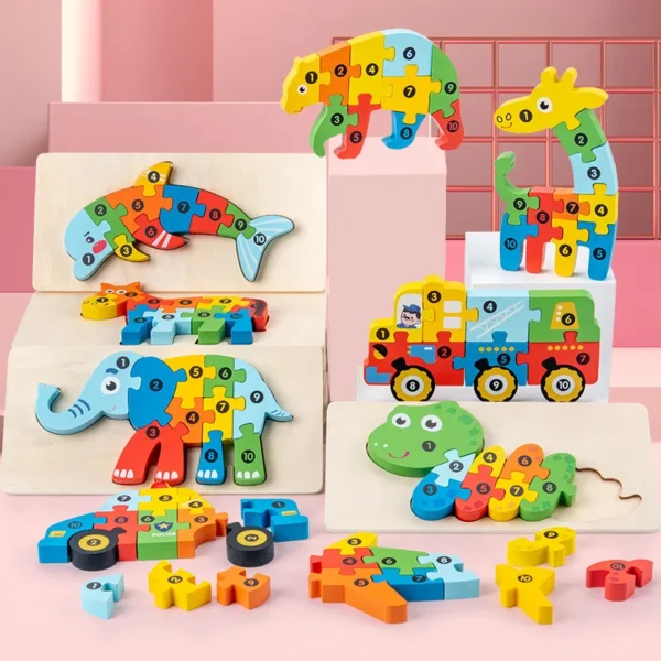 3D Stereoscopic Montessori Wooden Puzzle Cartoon Dinosaur Animal Shape Color Cognitive Educational Game Toy Kids Birthday Gift - Image 2