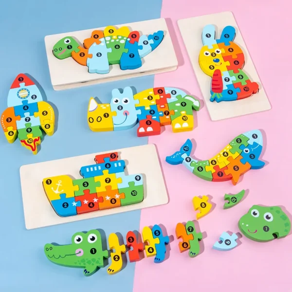 3D Stereoscopic Montessori Wooden Puzzle Cartoon Dinosaur Animal Shape Color Cognitive Educational Game Toy Kids Birthday Gift - Image 3