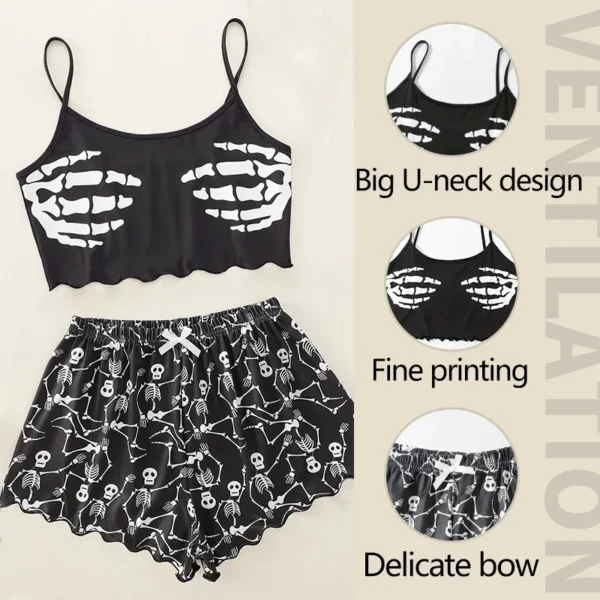 Women 2 PCS Pajama Set Sleepwear Short-Sleeved Tops and Shorts Suit Black Skull Print Ventilate Soft Comfort Loungewear - Image 3