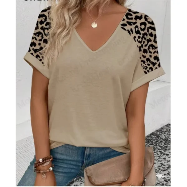 Summer Women's V-Neck Day Heart Print Elegant V-Neck Splice Short Sleeve T-Shirt Women Fashion Casual Tops Oversized Tee Female - Image 5