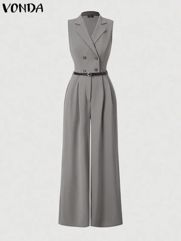 Plus Size 5XL VONDA Elegant Women Jumpsuits Sleeveless Playsuits Solid Color Rompers 2024 Casual Lapel Collar Wide Leg Bottoms - Image 3