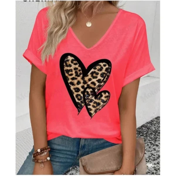 Summer Women's V-Neck Day Heart Print Elegant V-Neck Splice Short Sleeve T-Shirt Women Fashion Casual Tops Oversized Tee Female - Image 6