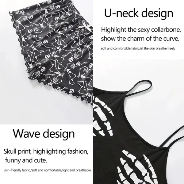 Women 2 PCS Pajama Set Sleepwear Short-Sleeved Tops and Shorts Suit Black Skull Print Ventilate Soft Comfort Loungewear - Image 4