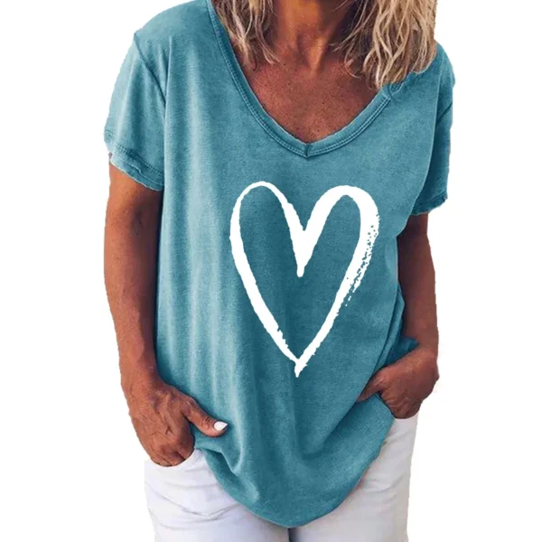 Summer Women's V-Neck Day Heart Print Elegant V-Neck Splice Short Sleeve T-Shirt Women Fashion Casual Tops Oversized Tee Female - Image 24