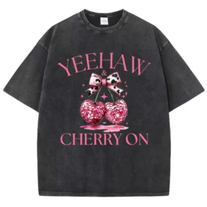 Pink Bow Cherry Printing Washed T-Shirt Womens Cotton T Shirts Comfortable Distressed O-Neck Tops Summer Casual Womans Clothes