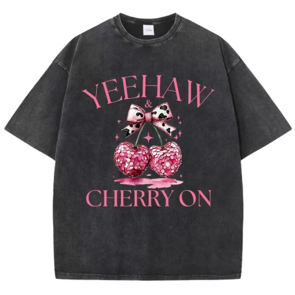 Pink Bow Cherry Printing Washed T-Shirt Womens Cotton T Shirts Comfortable Distressed O-Neck Tops Summer Casual Womans Clothes