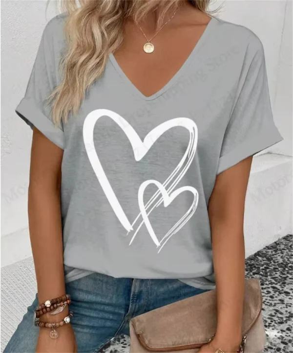 Summer Women's V-Neck Day Heart Print Elegant V-Neck Splice Short Sleeve T-Shirt Women Fashion Casual Tops Oversized Tee Female - Image 26