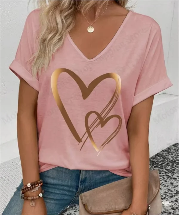 Summer Women's V-Neck Day Heart Print Elegant V-Neck Splice Short Sleeve T-Shirt Women Fashion Casual Tops Oversized Tee Female - Image 12