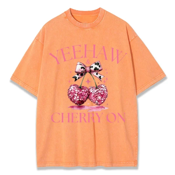 Pink Bow Cherry Printing Washed T-Shirt Womens Cotton T Shirts Comfortable Distressed O-Neck Tops Summer Casual Womans Clothes - Image 9