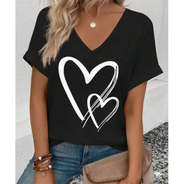 Summer Women's V-Neck Day Heart Print Elegant V-Neck Splice Short Sleeve T-Shirt Women Fashion Casual Tops Oversized Tee Female - Image 3