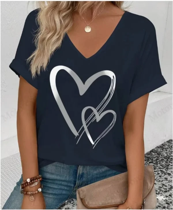 Summer Women's V-Neck Day Heart Print Elegant V-Neck Splice Short Sleeve T-Shirt Women Fashion Casual Tops Oversized Tee Female - Image 25