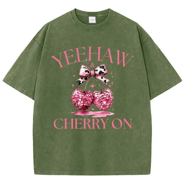 Pink Bow Cherry Printing Washed T-Shirt Womens Cotton T Shirts Comfortable Distressed O-Neck Tops Summer Casual Womans Clothes - Image 11