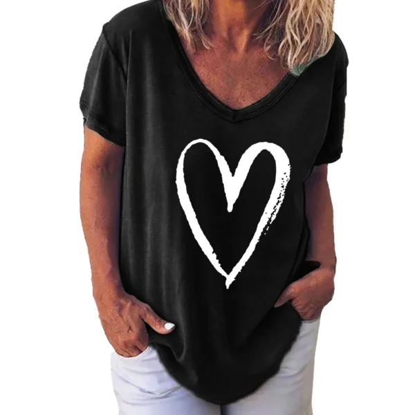 Summer Women's V-Neck Day Heart Print Elegant V-Neck Splice Short Sleeve T-Shirt Women Fashion Casual Tops Oversized Tee Female - Image 22