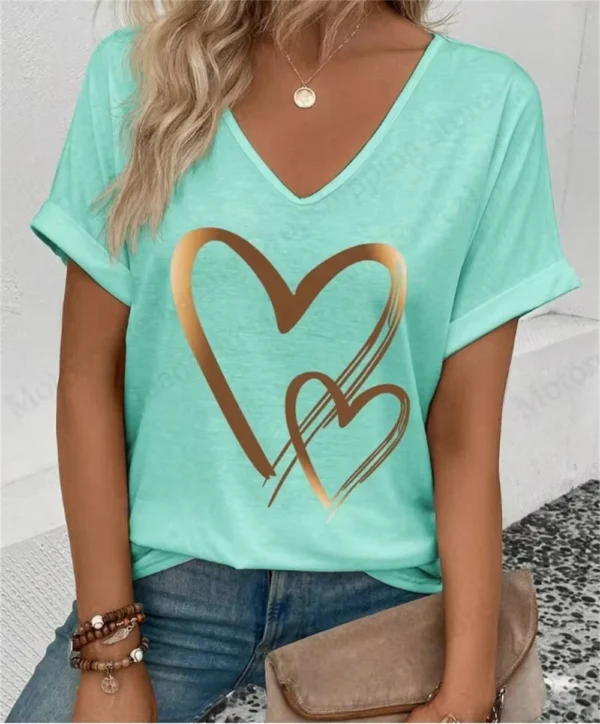 Summer Women's V-Neck Day Heart Print Elegant V-Neck Splice Short Sleeve T-Shirt Women Fashion Casual Tops Oversized Tee Female - Image 27