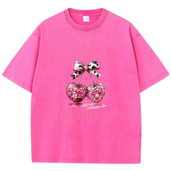 Pink Bow Cherry Printing Washed T-Shirt Womens Cotton T Shirts Comfortable Distressed O-Neck Tops Summer Casual Womans Clothes - Image 3