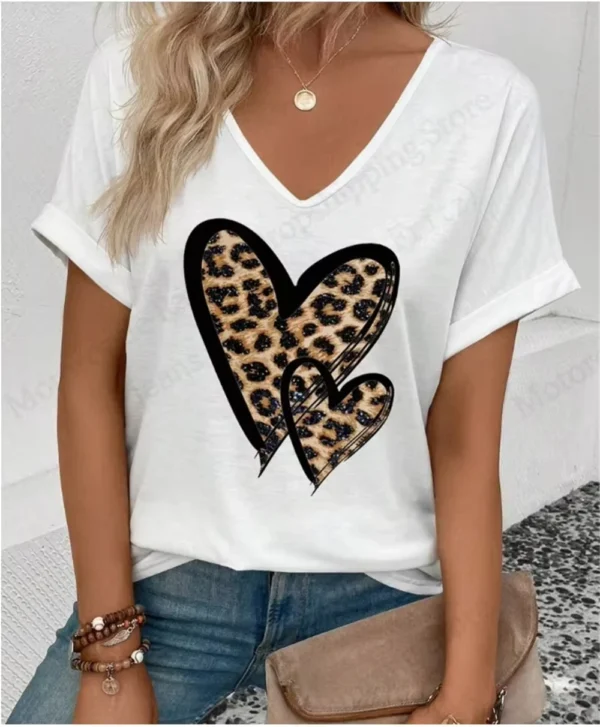 Summer Women's V-Neck Day Heart Print Elegant V-Neck Splice Short Sleeve T-Shirt Women Fashion Casual Tops Oversized Tee Female - Image 13