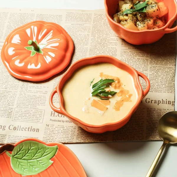 Creative Cute Pumpkin Steamed Egg Ceramic Bowl Household Stewed Cup with Lid Ceramic Double Ear Soup Bowl Rice Bowl - Image 5