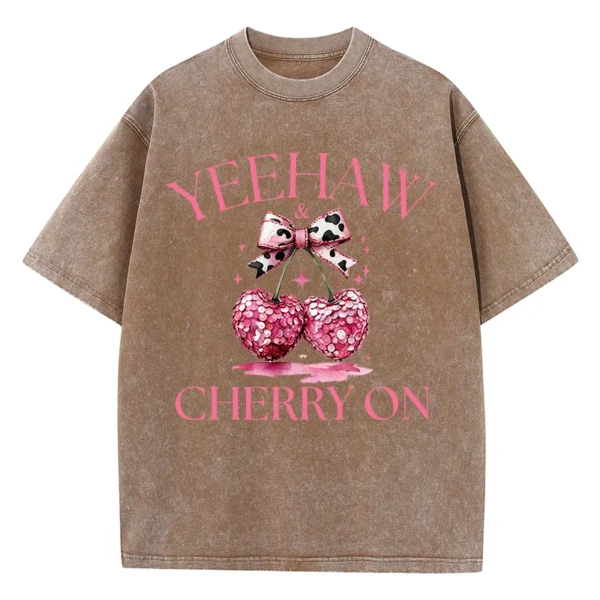 Pink Bow Cherry Printing Washed T-Shirt Womens Cotton T Shirts Comfortable Distressed O-Neck Tops Summer Casual Womans Clothes - Image 12