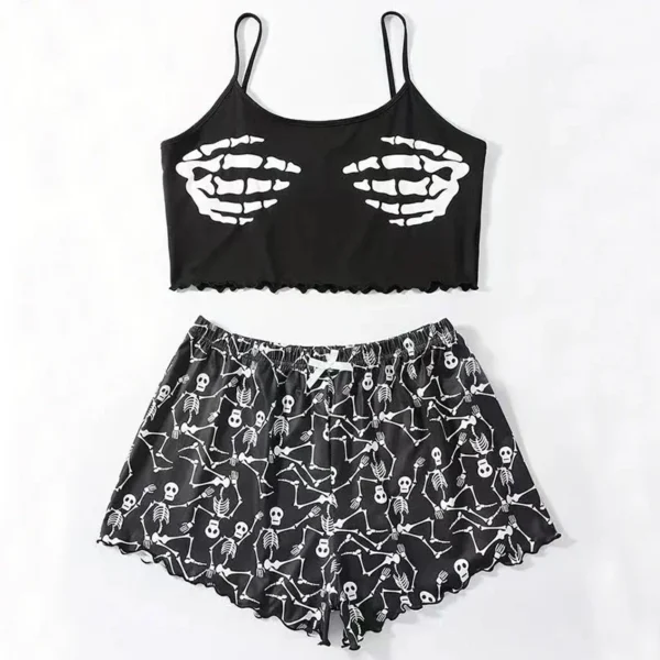 Women 2 PCS Pajama Set Sleepwear Short-Sleeved Tops and Shorts Suit Black Skull Print Ventilate Soft Comfort Loungewear - Image 5
