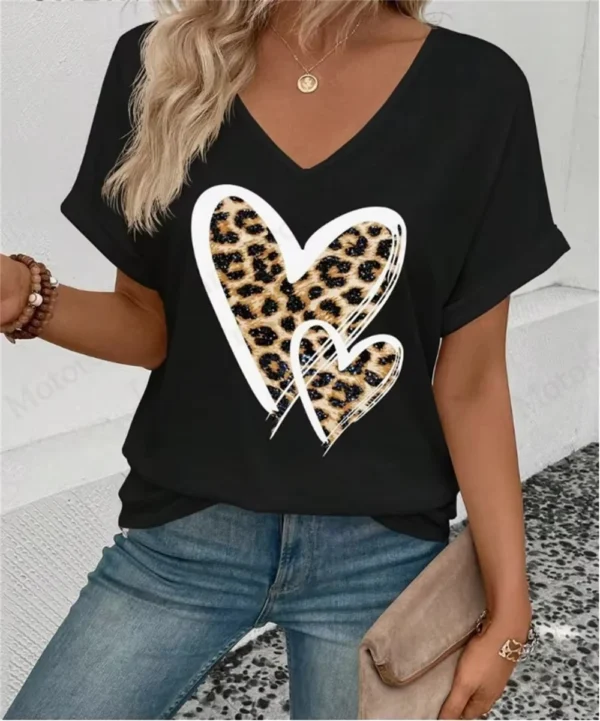 Summer Women's V-Neck Day Heart Print Elegant V-Neck Splice Short Sleeve T-Shirt Women Fashion Casual Tops Oversized Tee Female - Image 17