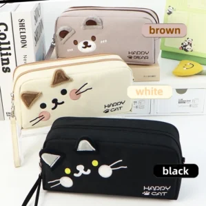 Black and white cat cute pencil bag Portable stationery bag with pen insert mesh bag Large capacity school supplies storage bag