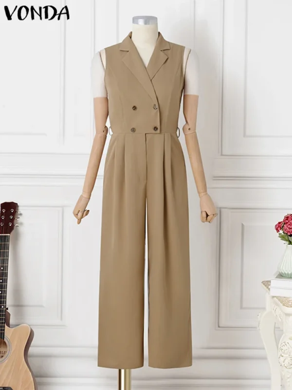 Plus Size 5XL VONDA Elegant Women Jumpsuits Sleeveless Playsuits Solid Color Rompers 2024 Casual Lapel Collar Wide Leg Bottoms - Image 4