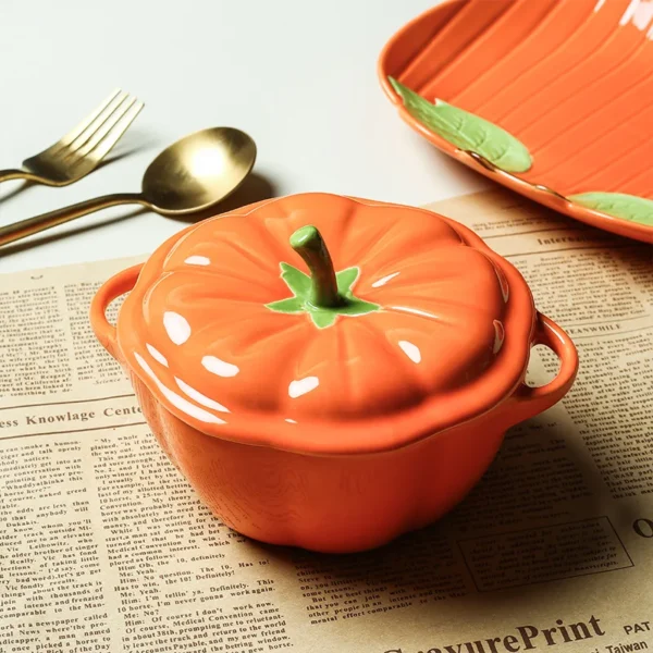 Creative Cute Pumpkin Steamed Egg Ceramic Bowl Household Stewed Cup with Lid Ceramic Double Ear Soup Bowl Rice Bowl - Image 4