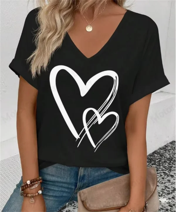 Summer Women's V-Neck Day Heart Print Elegant V-Neck Splice Short Sleeve T-Shirt Women Fashion Casual Tops Oversized Tee Female - Image 18