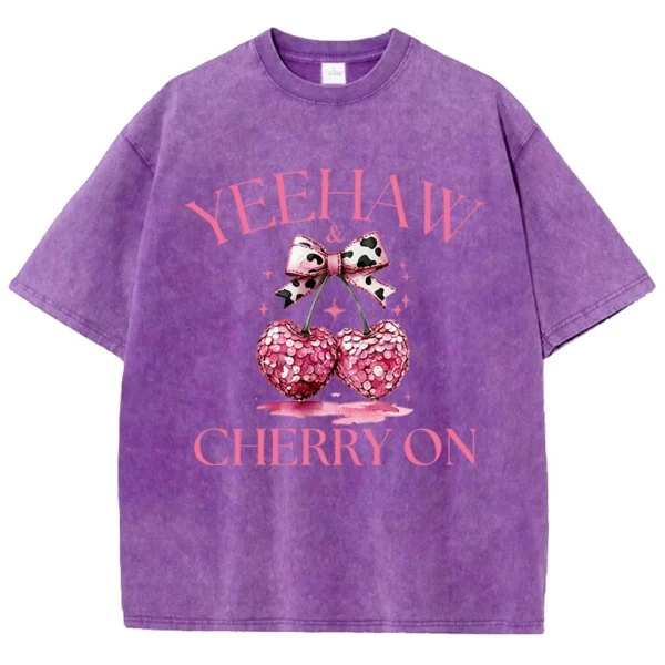 Pink Bow Cherry Printing Washed T-Shirt Womens Cotton T Shirts Comfortable Distressed O-Neck Tops Summer Casual Womans Clothes - Image 7