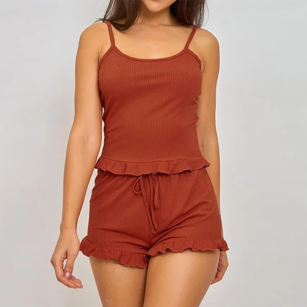 Summer Two-Piece Solid Color Sleepwear Round Neck Sexy Suspender Ribbed Knitted Pleated Vest Shorts Casual Women's Sleepwear Set - Image 2