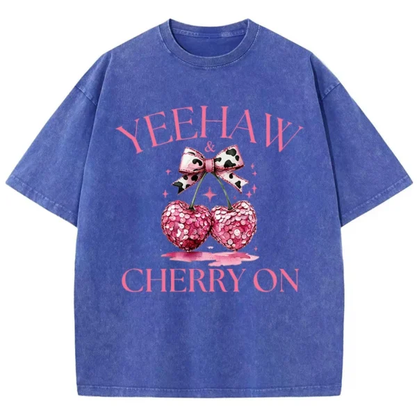 Pink Bow Cherry Printing Washed T-Shirt Womens Cotton T Shirts Comfortable Distressed O-Neck Tops Summer Casual Womans Clothes - Image 8