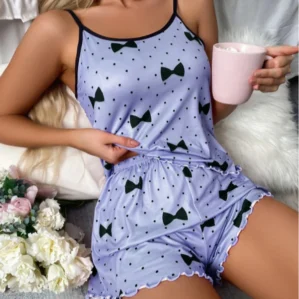 Sleepwear Female Ladies Pajamas 2 PCS Set Bow Printing Soft Ribbed Fabric Ventilate Soft Trim Casual Top and Shorts Loungewear