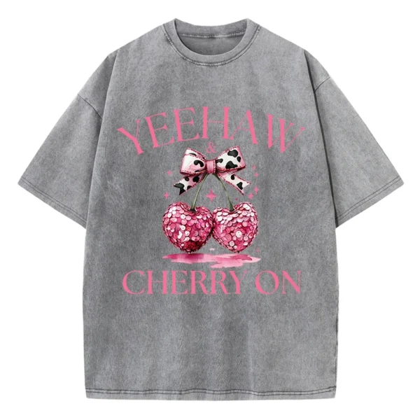 Pink Bow Cherry Printing Washed T-Shirt Womens Cotton T Shirts Comfortable Distressed O-Neck Tops Summer Casual Womans Clothes - Image 2