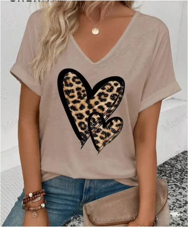 Summer Women's V-Neck Day Heart Print Elegant V-Neck Splice Short Sleeve T-Shirt Women Fashion Casual Tops Oversized Tee Female - Image 20