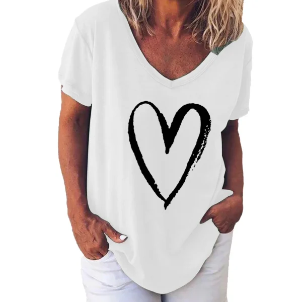 Summer Women's V-Neck Day Heart Print Elegant V-Neck Splice Short Sleeve T-Shirt Women Fashion Casual Tops Oversized Tee Female - Image 8
