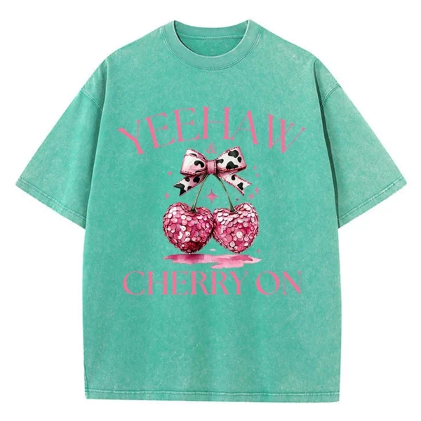 Pink Bow Cherry Printing Washed T-Shirt Womens Cotton T Shirts Comfortable Distressed O-Neck Tops Summer Casual Womans Clothes - Image 10