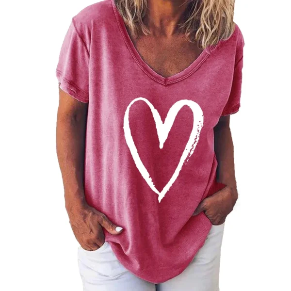Summer Women's V-Neck Day Heart Print Elegant V-Neck Splice Short Sleeve T-Shirt Women Fashion Casual Tops Oversized Tee Female - Image 7