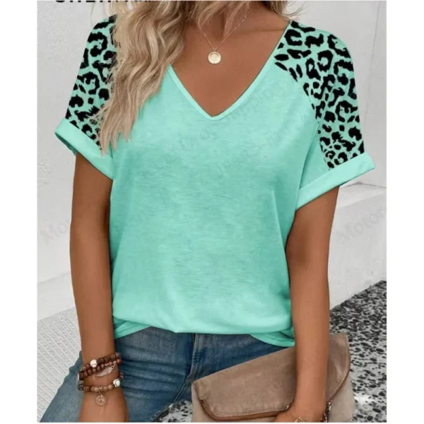 Summer Women's V-Neck Day Heart Print Elegant V-Neck Splice Short Sleeve T-Shirt Women Fashion Casual Tops Oversized Tee Female - Image 4