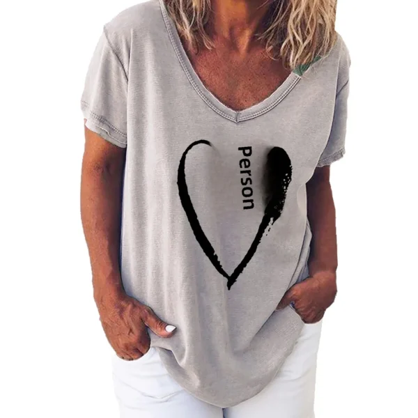 Summer Women's V-Neck Day Heart Print Elegant V-Neck Splice Short Sleeve T-Shirt Women Fashion Casual Tops Oversized Tee Female - Image 10