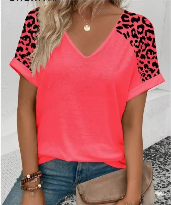 Summer Women's V-Neck Day Heart Print Elegant V-Neck Splice Short Sleeve T-Shirt Women Fashion Casual Tops Oversized Tee Female - Image 14