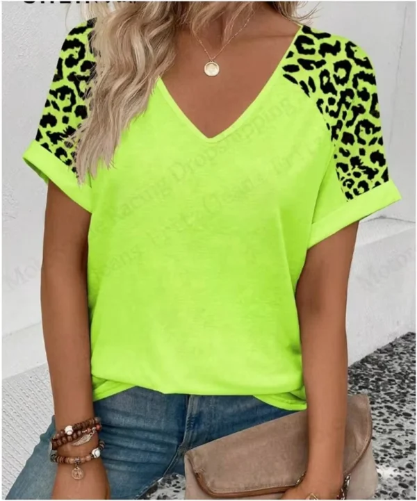 Summer Women's V-Neck Day Heart Print Elegant V-Neck Splice Short Sleeve T-Shirt Women Fashion Casual Tops Oversized Tee Female - Image 29