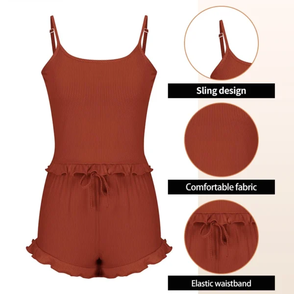 Summer Two-Piece Solid Color Sleepwear Round Neck Sexy Suspender Ribbed Knitted Pleated Vest Shorts Casual Women's Sleepwear Set - Image 6