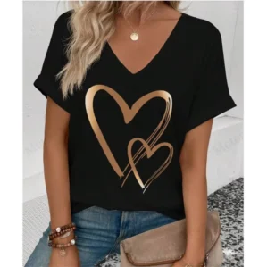 Summer Women's V-Neck Day Heart Print Elegant V-Neck Splice Short Sleeve T-Shirt Women Fashion Casual Tops Oversized Tee Female