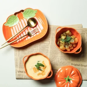 Creative Cute Pumpkin Steamed Egg Ceramic Bowl Household Stewed Cup with Lid Ceramic Double Ear Soup Bowl Rice Bowl