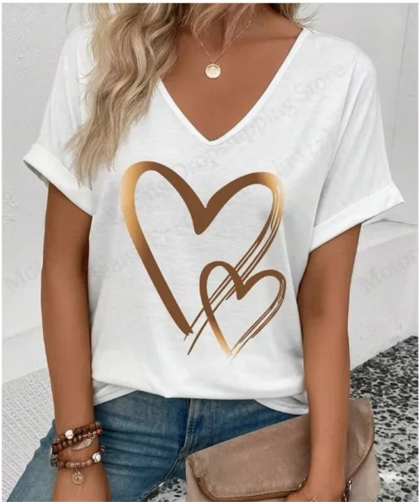 Summer Women's V-Neck Day Heart Print Elegant V-Neck Splice Short Sleeve T-Shirt Women Fashion Casual Tops Oversized Tee Female - Image 30