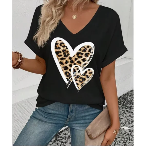 Summer Women's V-Neck Day Heart Print Elegant V-Neck Splice Short Sleeve T-Shirt Women Fashion Casual Tops Oversized Tee Female - Image 2