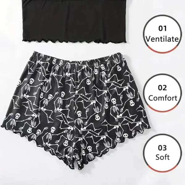Women 2 PCS Pajama Set Sleepwear Short-Sleeved Tops and Shorts Suit Black Skull Print Ventilate Soft Comfort Loungewear - Image 2